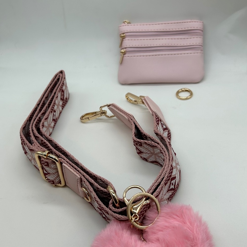 Clip and Go Set Light Pink Coin Purse Heart Keychain Woven Strap Gold